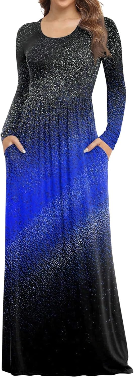 Long Sleeve Maxi Dress for Women Elegant Crew Neck Flowy Swing Dresses Solid Color Wedding Guest Dresses