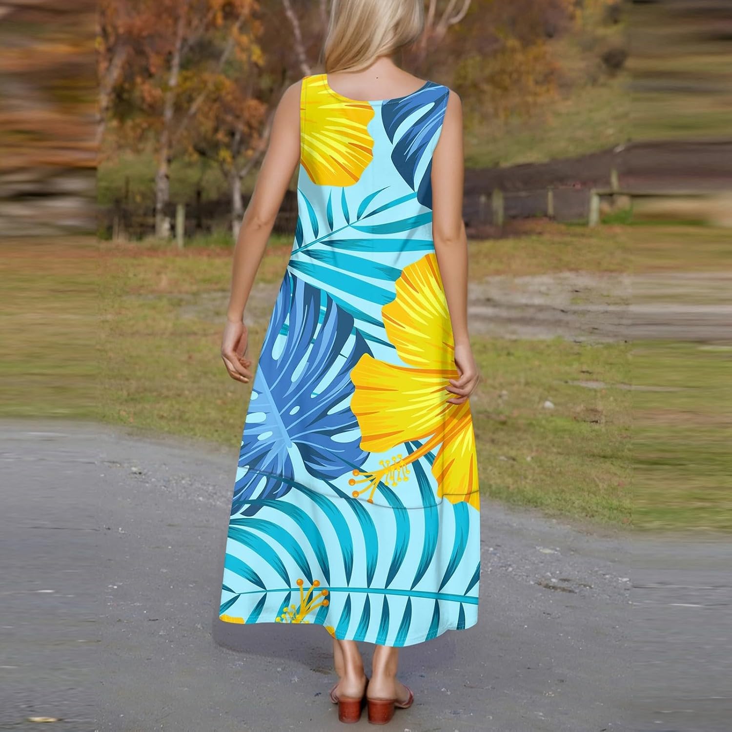 Womens Summer Tank Dress Vacation Boho Floral Long Dresses with Pockets Resort Wear Swing Beach Sleeveless Sundress