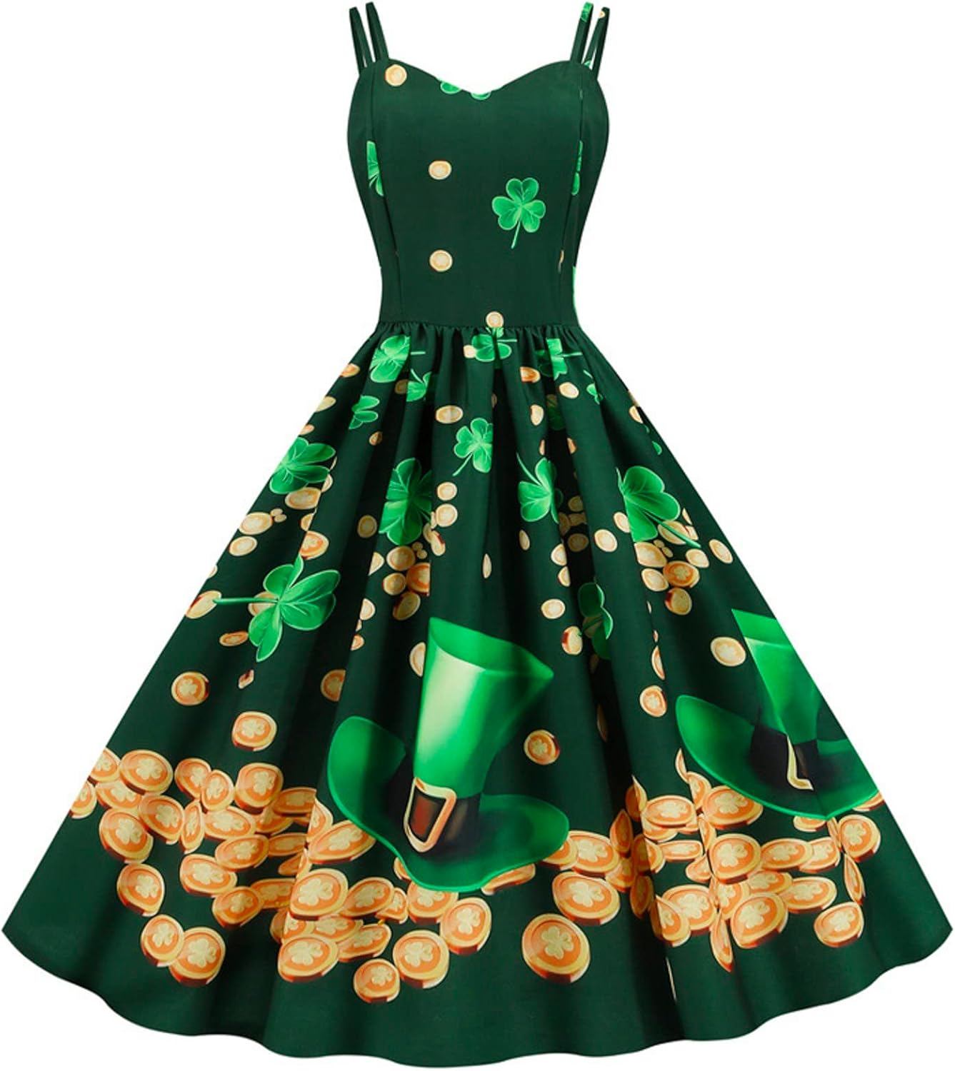 aihihe St Patricks Day Dress for Women A Line Pleated Hepburn Dress Lukcy Shamrock Print Irish Dress 2024 Vintage Dress
