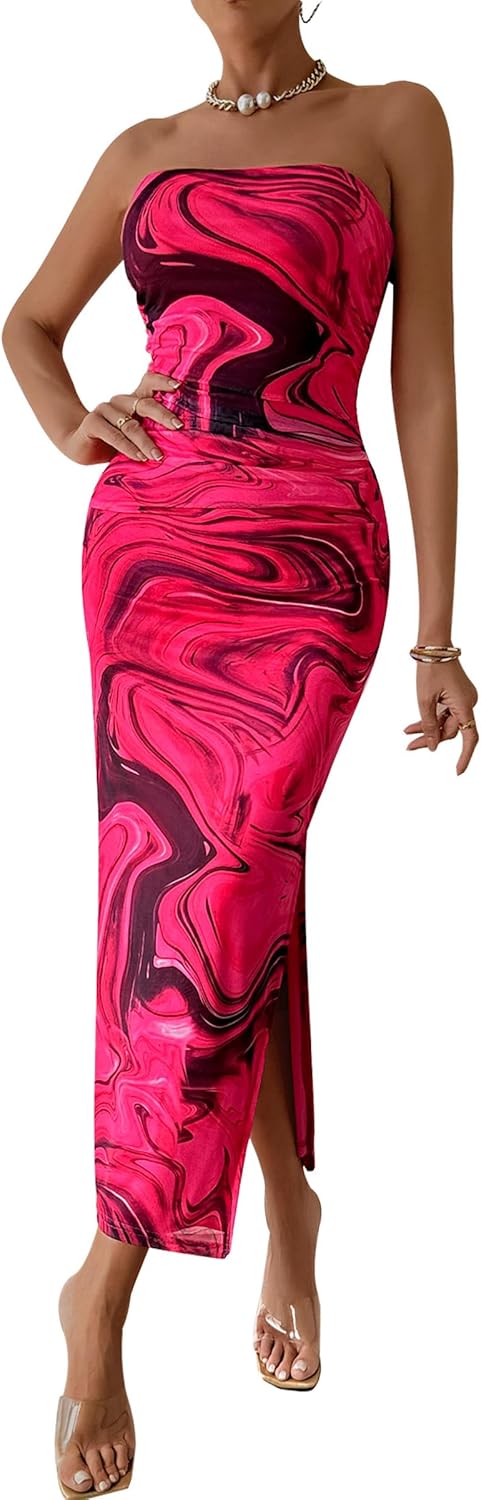 PRETTYGARDEN Women's Summer Maxi Bodycon Dresses Strapless Tube Top Printed Long Party Club Slit Dress