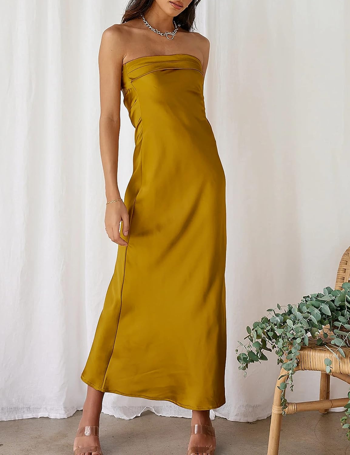 Realtix Satin Silk Backless Tube Tops Maxi Dress for Women Low Back Hollow Out Elegant Strapless Long Dresses Wedding Guest