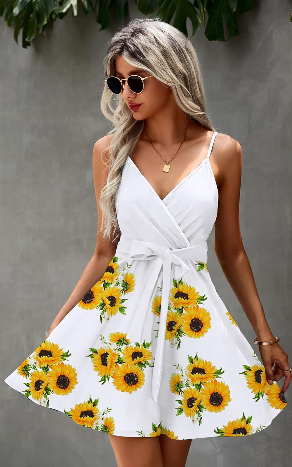 ECOWISH Summer Dresses for Women 2025 V-Neck Spaghetti Strap Bowknot Backless Sleeveless Lace Mini Swing Skater Dress