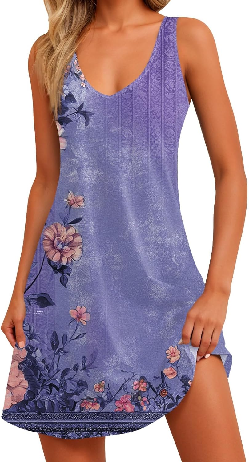 Women's Sleeveless Floral Print Summer Dress Casual V-Neck A-Line Mini Dress for Beach Party and Daily Wear