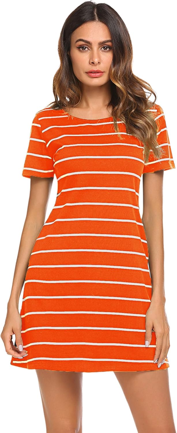 Feager Women's Casual Striped Criss Cross Short Sleeve T Shirt Dress