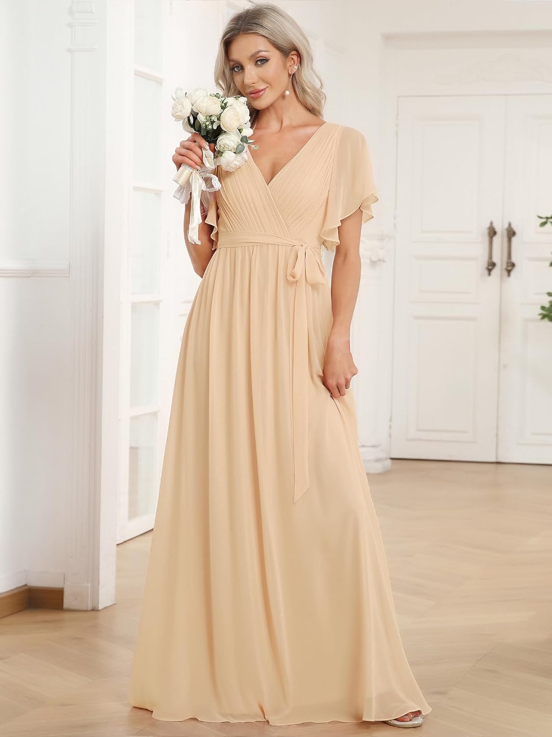 Ever-Pretty Women's Bridesmaid Dress V-Neck Ruffle Sleeves Ruched Bust Floor Length Chiffon Formal Dresses 0164A