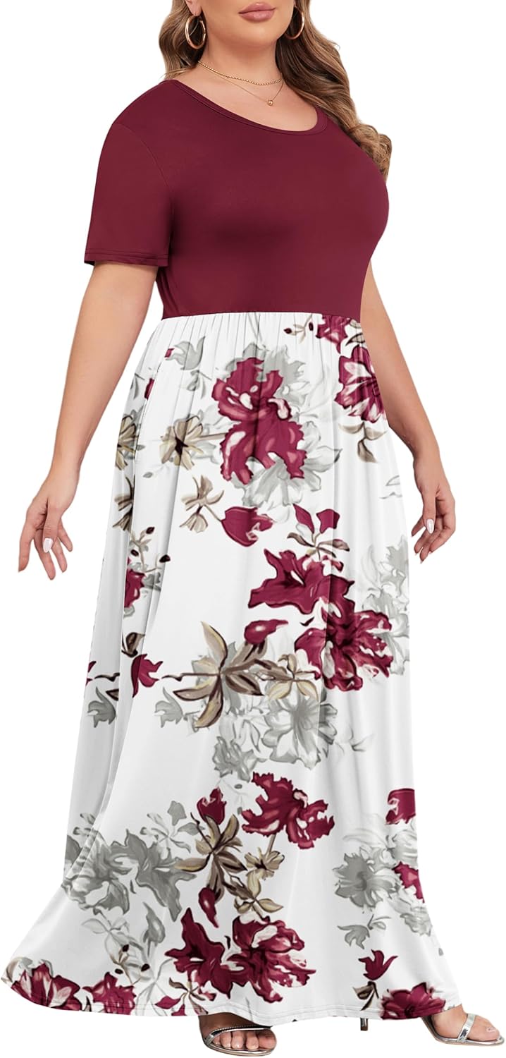 KARALIN Women’s Plus Size Maxi Dresses for Curvy Women Summer Casual Short Sleeve 2025 Long Dress 14W-26W