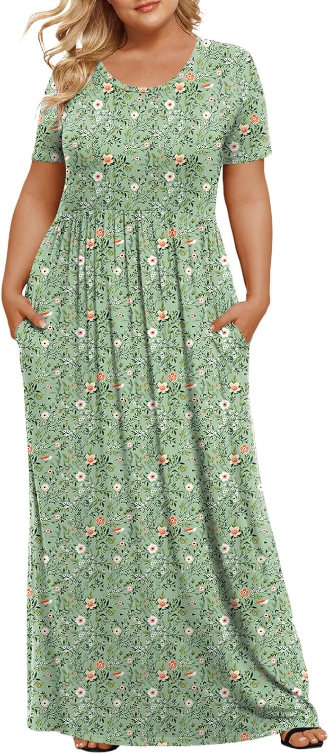 LONGYUAN Women's Plus Size Maxi Dresses for Curvy Women Summer Short Sleeve Casual 2025 Long Dress XL-6XL