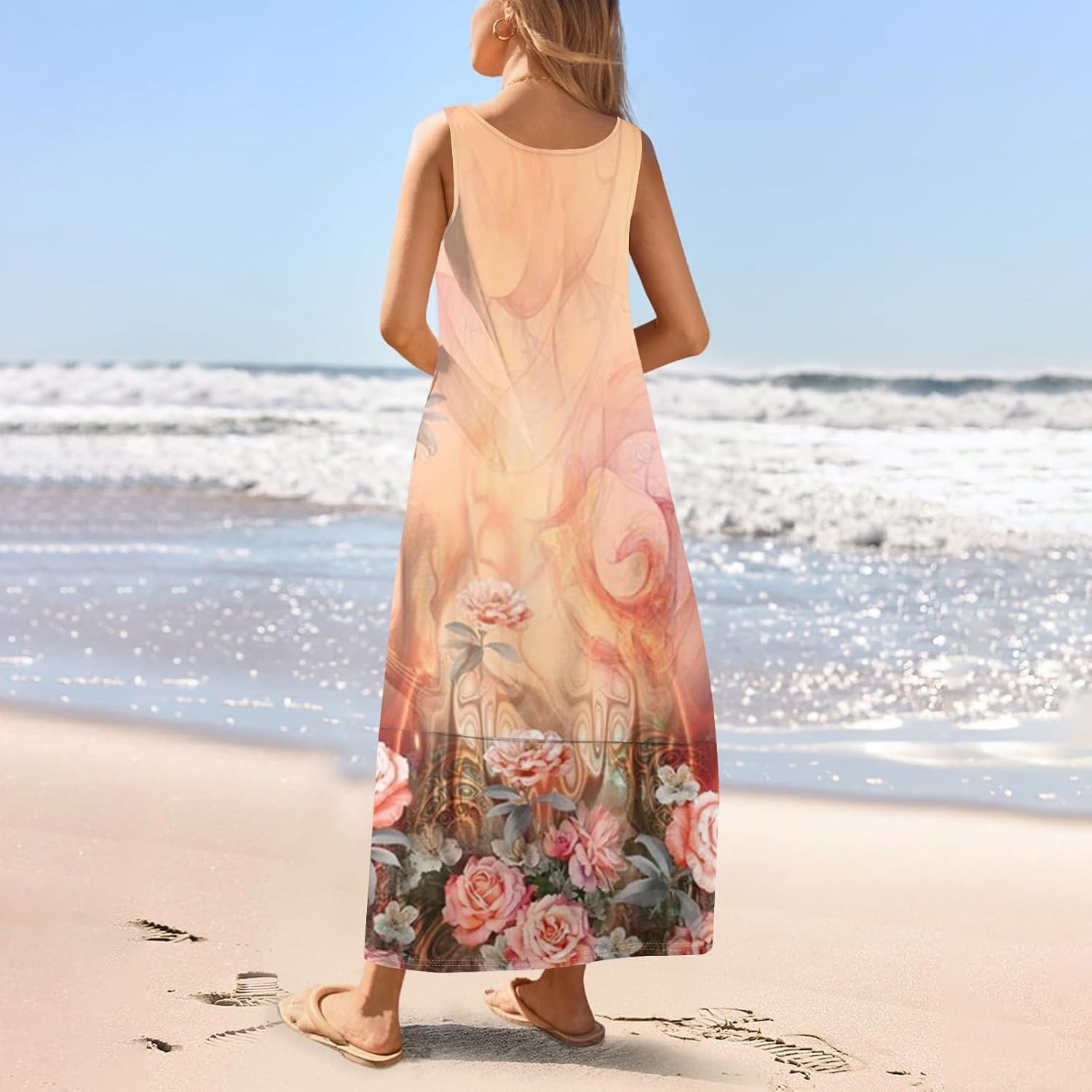 Womens Summer Tank Dress Vacation Boho Floral Long Dresses with Pockets Resort Wear Swing Beach Sleeveless Sundress