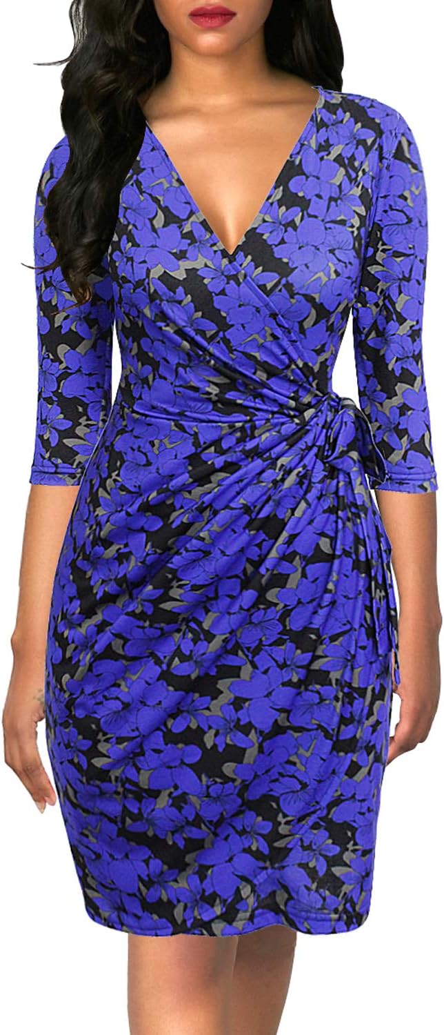 Berydress Women's Classic 3/4 Sleeve V Neck Sheath Casual Party Work Faux Black Wrap Dress