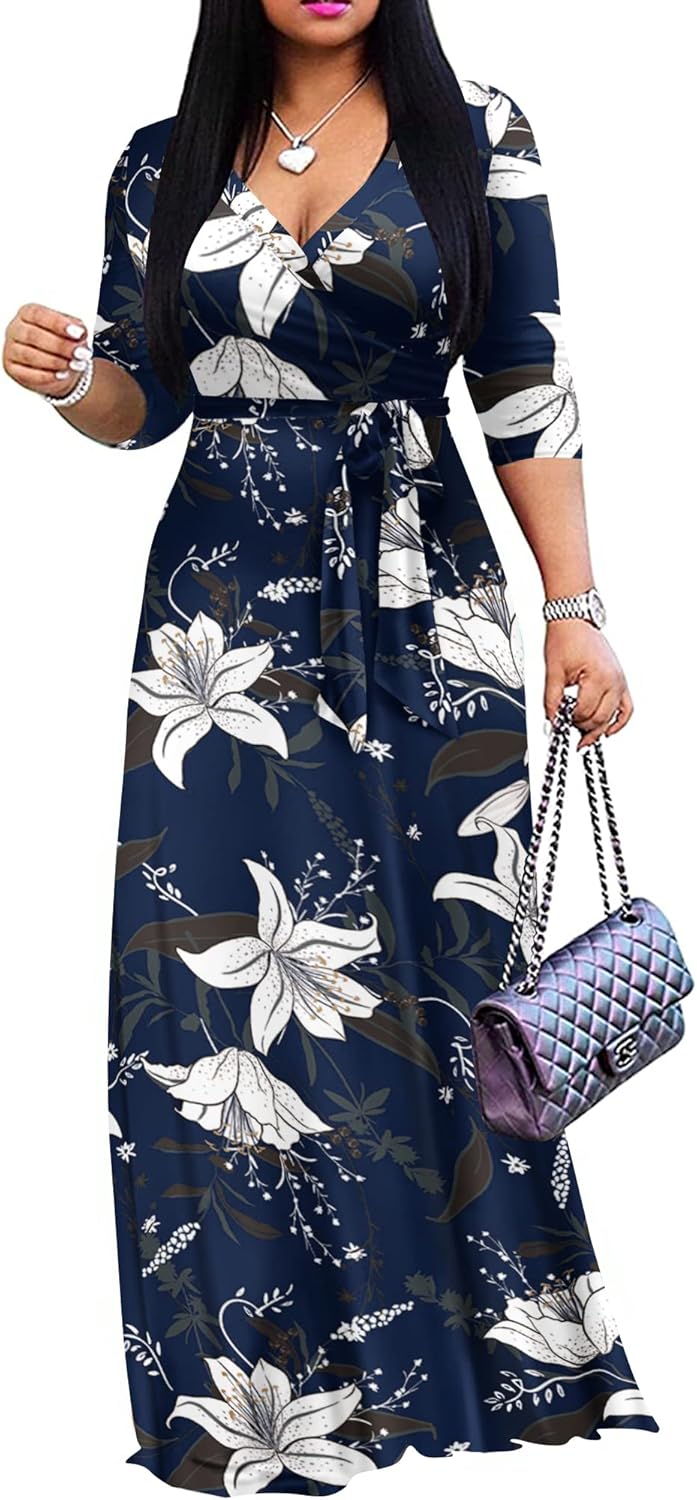 FANDEE Plus Size Maxi Dress for Women Casual Summer Sundress V-Neck 3/4 Sleeve