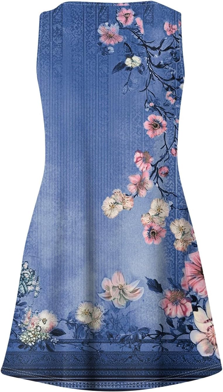 Women's Sleeveless Floral Print Summer Dress Casual V-Neck A-Line Mini Dress for Beach Party and Daily Wear