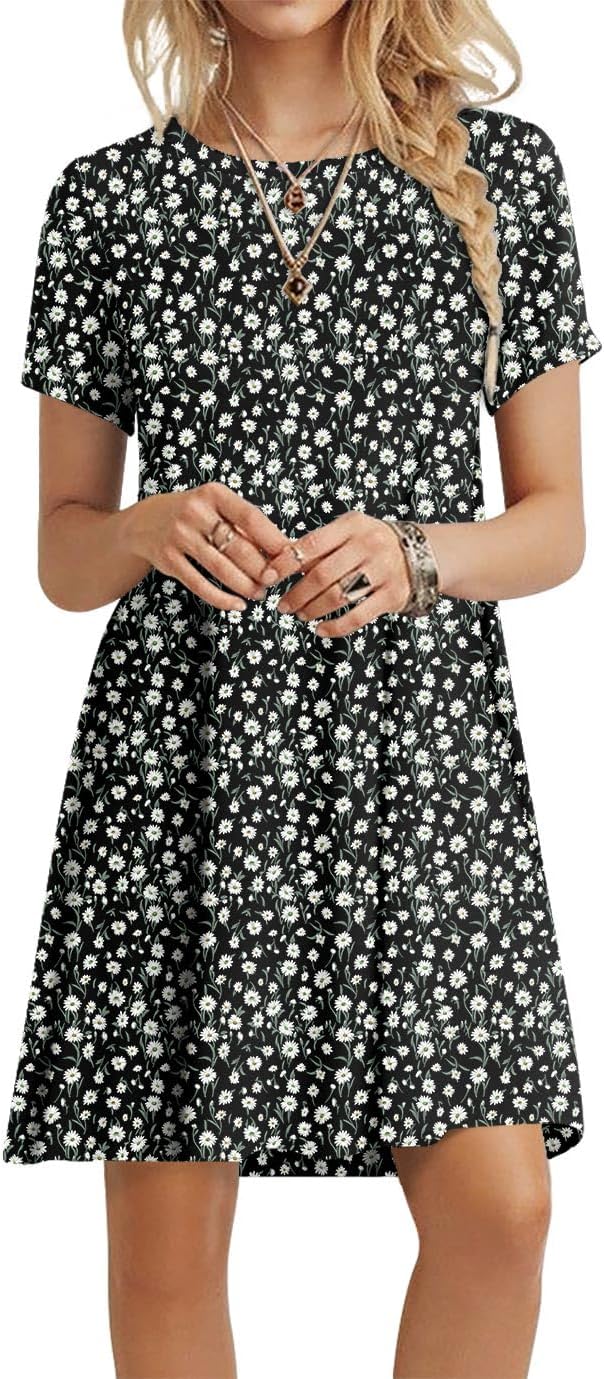 POPYOUNG 2025 Women's Summer Casual T-Shirt Dresses Crew Neck Beach Cover Up Sun Dress