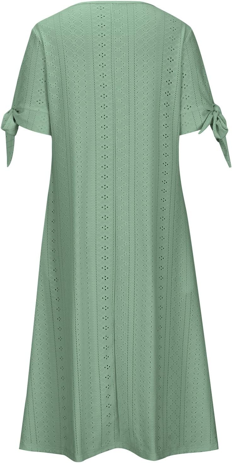 Boho Dresses for Women 2024 Fashion Summer Short Sleeve Eyelet Notch V Neck Sundress Beach Casual Maxi Long Dress