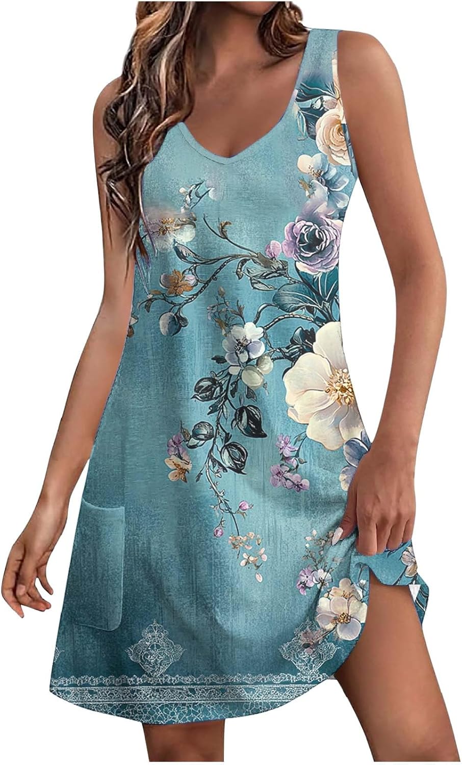 Womens 2025 Spring Summer Dresses Casual Floral Print V-Neck Tank Dress Curve Hem Pleated A-Line Sundresses