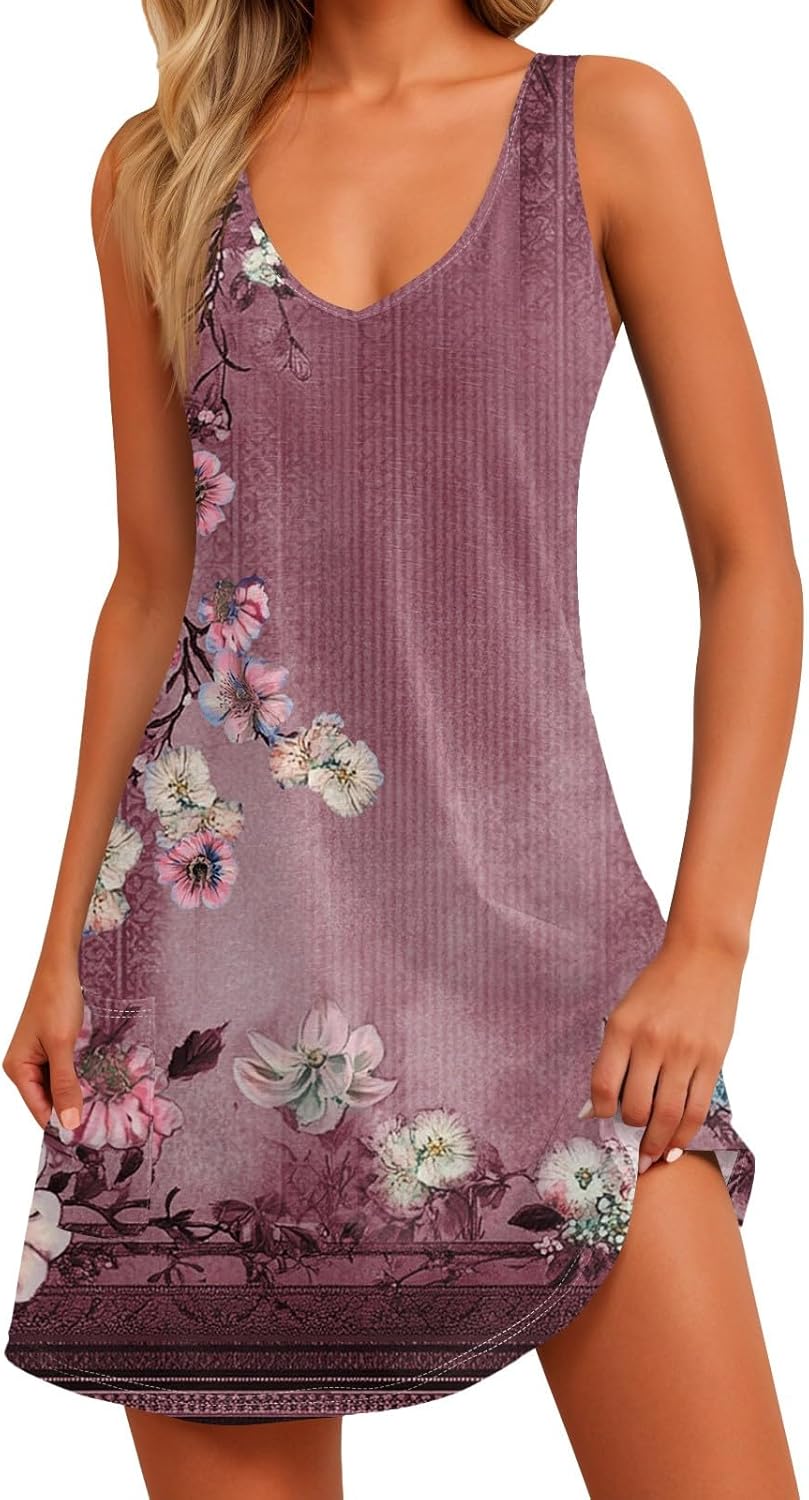 Women's Sleeveless Floral Print Summer Dress Casual V-Neck A-Line Mini Dress for Beach Party and Daily Wear