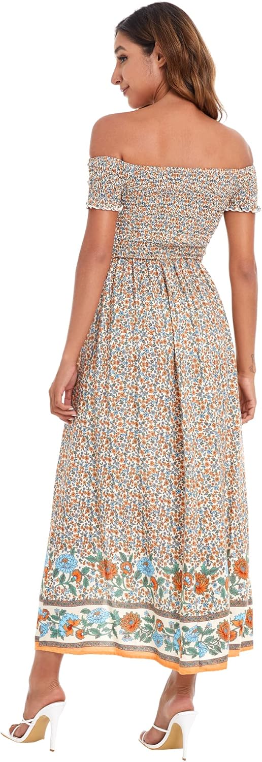 Floerns Women's Boho Floral Print Off Shoulder Split Long A Line Dress