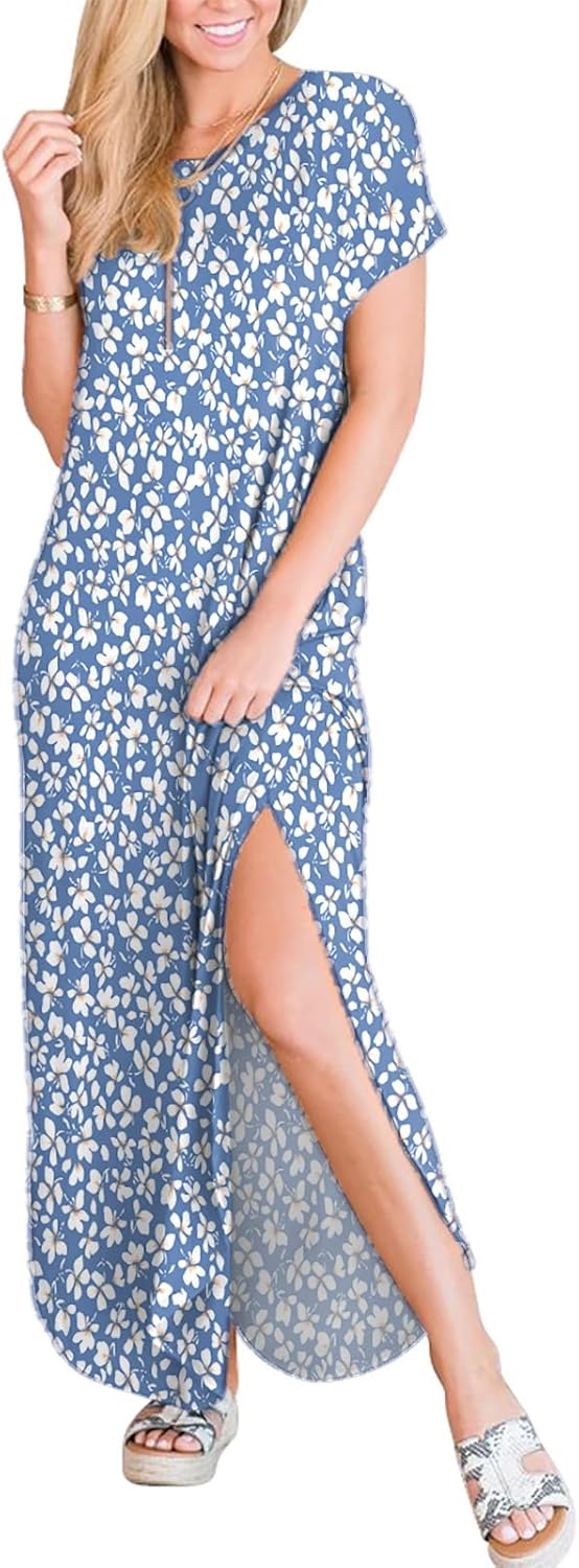 ANRABESS Women's Summer Casual Loose Short Sleeve Long T Shirt Dress Split Maxi Beach Sundress Travel Vacation Outfits