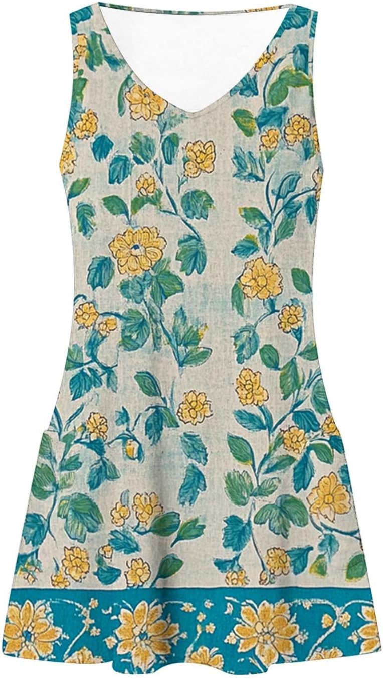 Womens 2025 Spring Summer Dresses Casual Floral Print V-Neck Tank Dress Curve Hem Pleated A-Line Sundresses