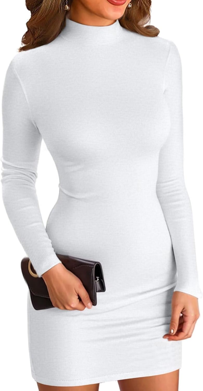 VICHYIE Women Mock Neck Ribbed Bodycon Dress Long Sleeve Mini Pencil Dresses