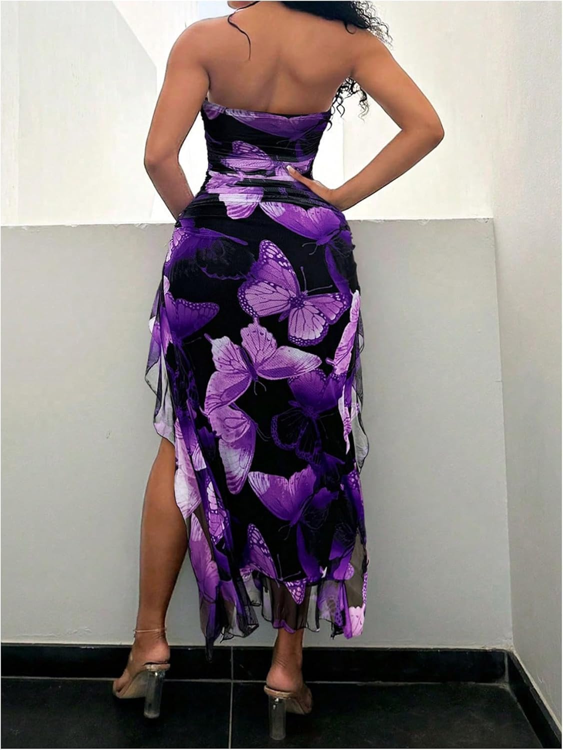WDIRARA Women's Butterfly Print Asymmetrical Bodycon Maxi Dress Split Ruffle Trim Strapless Tube Dresses
