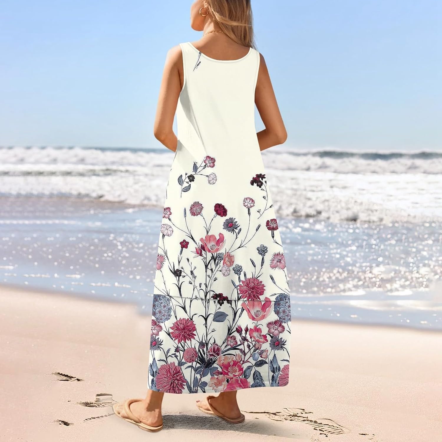 Womens Summer Tank Dress Vacation Boho Floral Long Dresses with Pockets Resort Wear Swing Beach Sleeveless Sundress