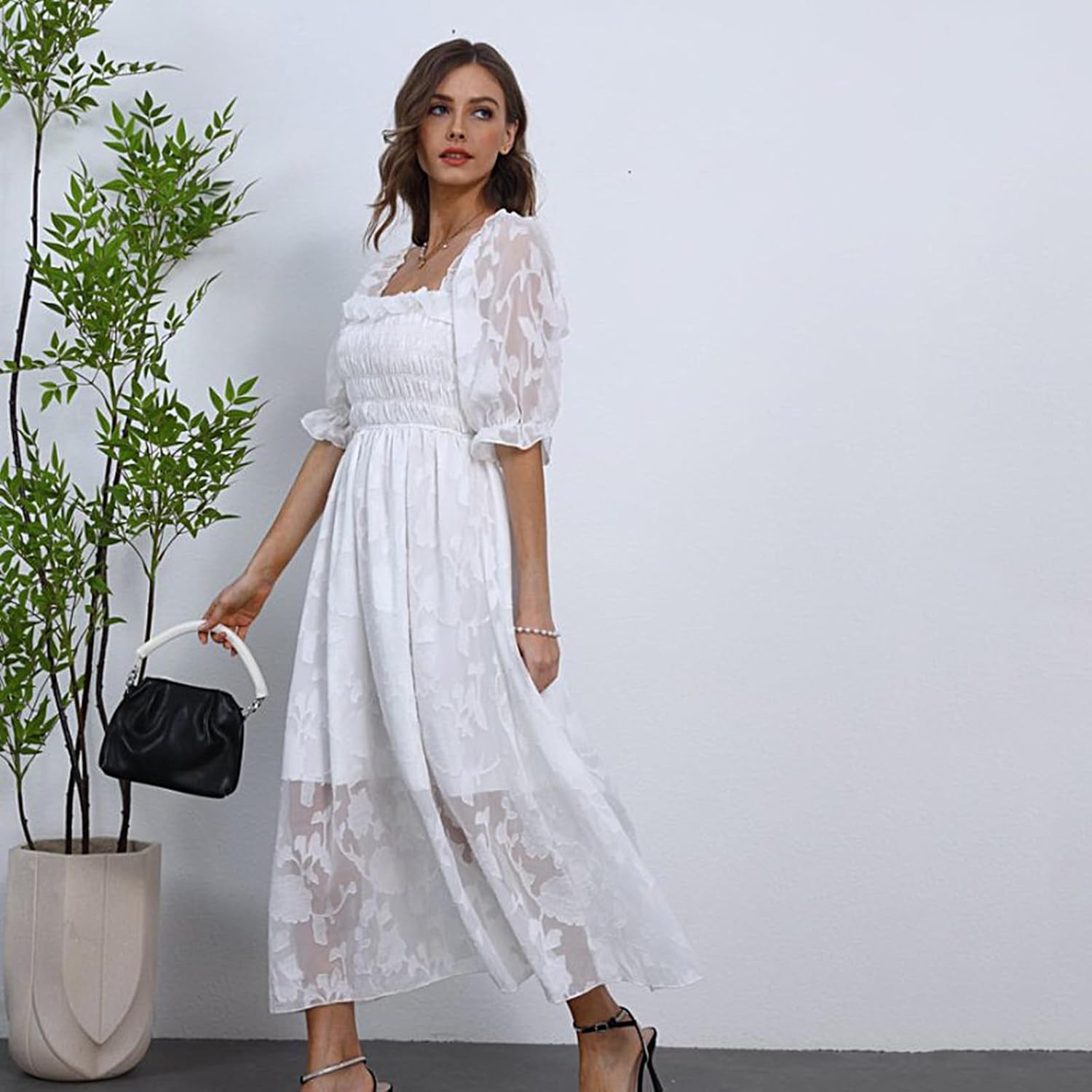 Women Floral Easter Spring Summer Dress Square Neck Chiffon Boho 2025 Maxi Long Wedding Guest Bridal Shower Dresses