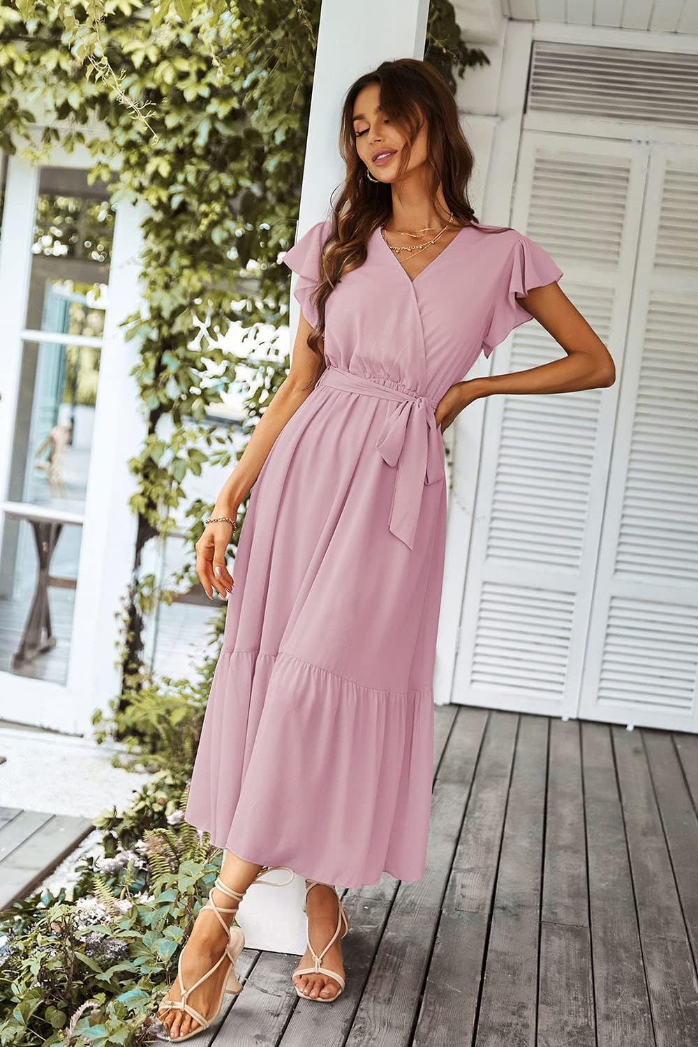 PRETTYGARDEN Women's Summer Floral Boho Dress Wrap V Neck Short Sleeve Ruffle A-Line Flowy Maxi Wedding Guest Dresses