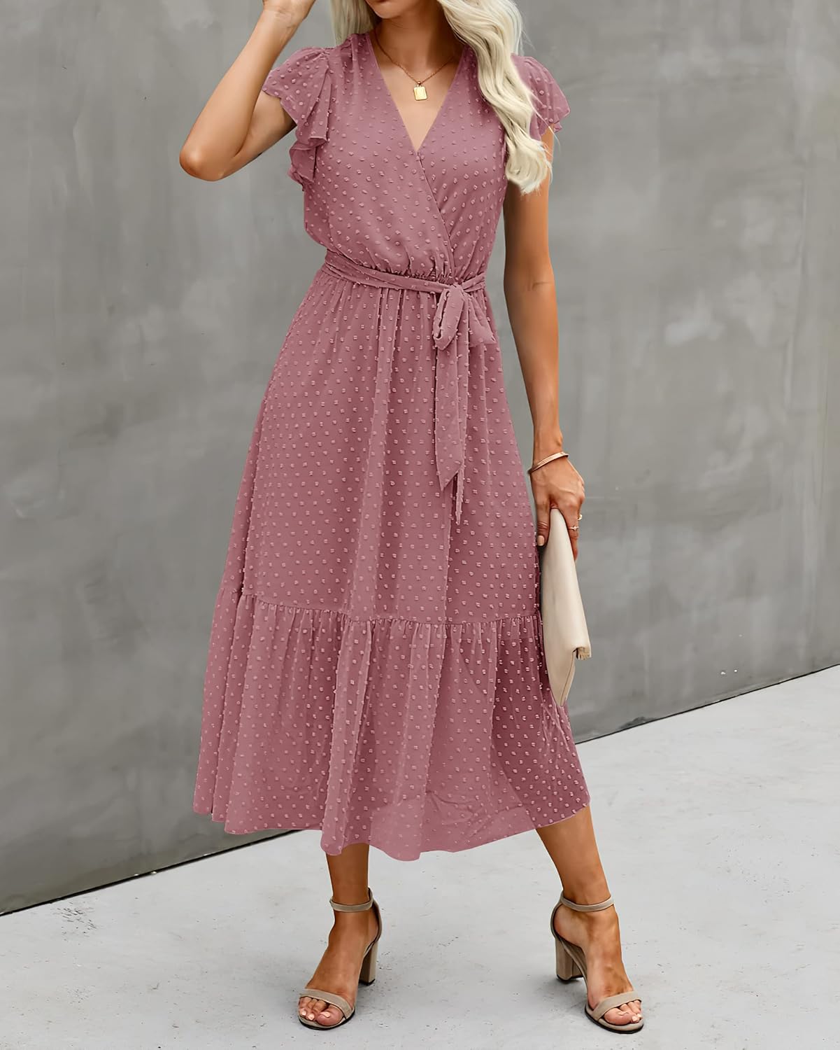 BTFBM Women Summer Bohemian Floral Casual Wrap V Neck Ruffle Cap Sleeveless Belt A-Line Pleated Hem Midi Sun Dress White