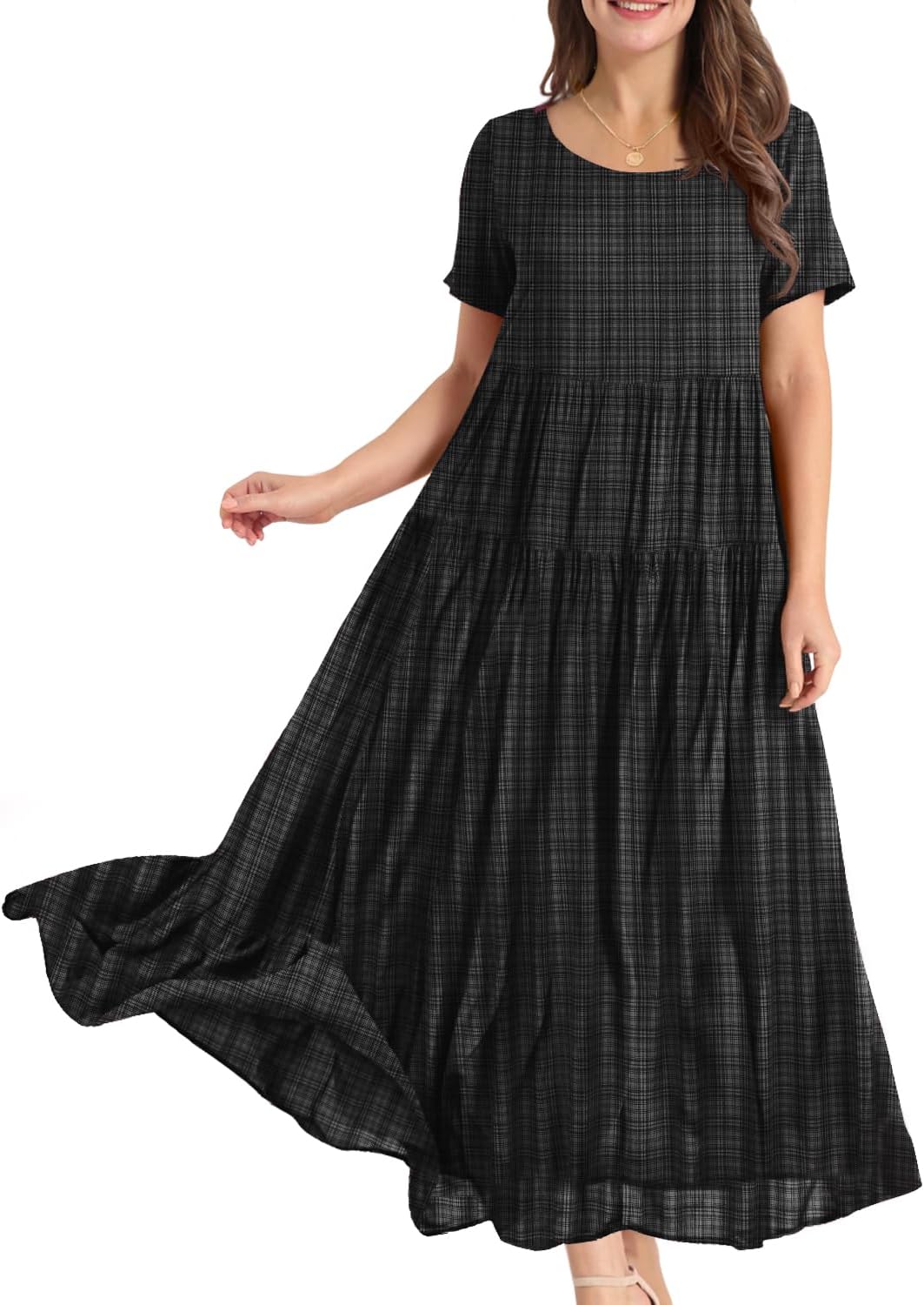 YESNO Women Casual Loose Bohemian Floral Dress with Pockets Short Sleeve Long Maxi Summer Beach Swing Dress EJF