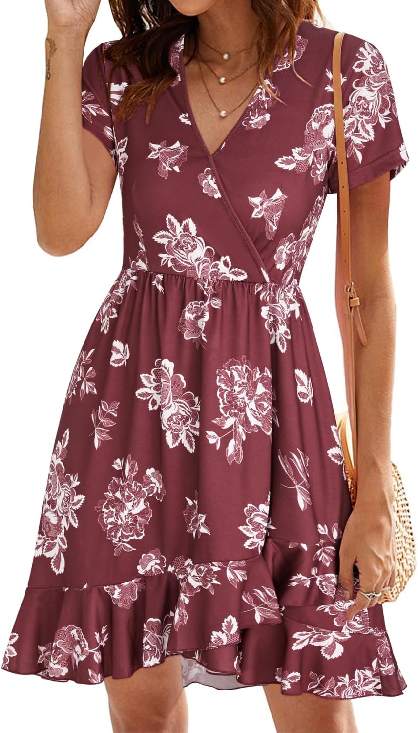 ULTRANICE Womens Summer Dresses Floral V Neck Ruffled Hem Spaghetti Spring Casual Beach Outfits Flowy Wrap Sun Dress