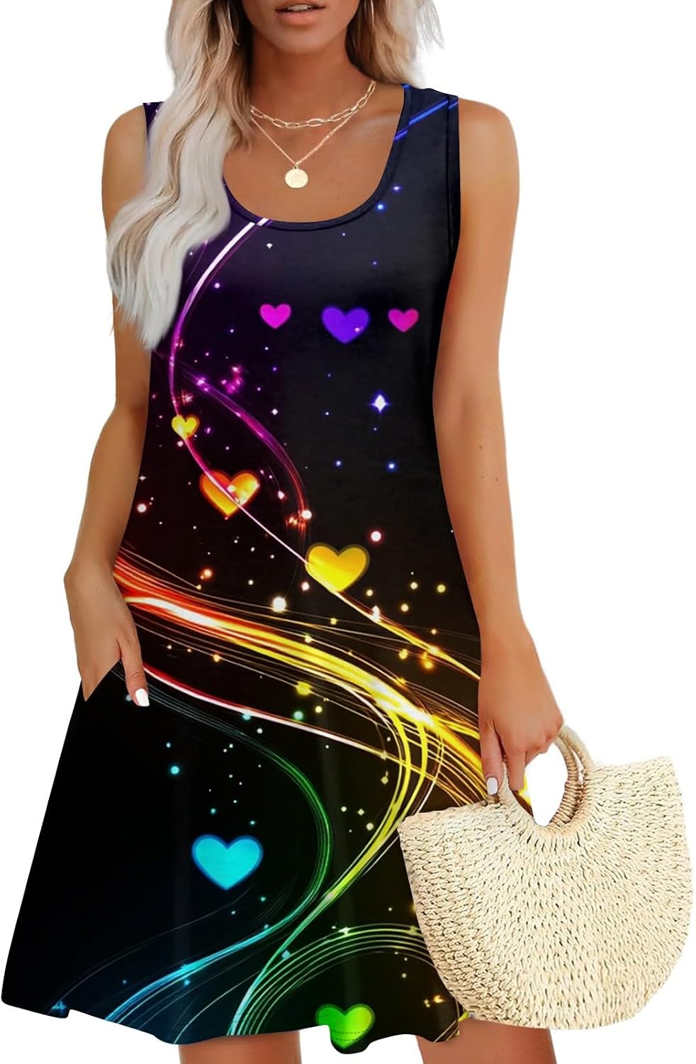 Women's Casual Sundress with Pockets Summer Boho Beach Dress,Holiday Hresses for Woment-Shirts Dress U Neck Loose Tank