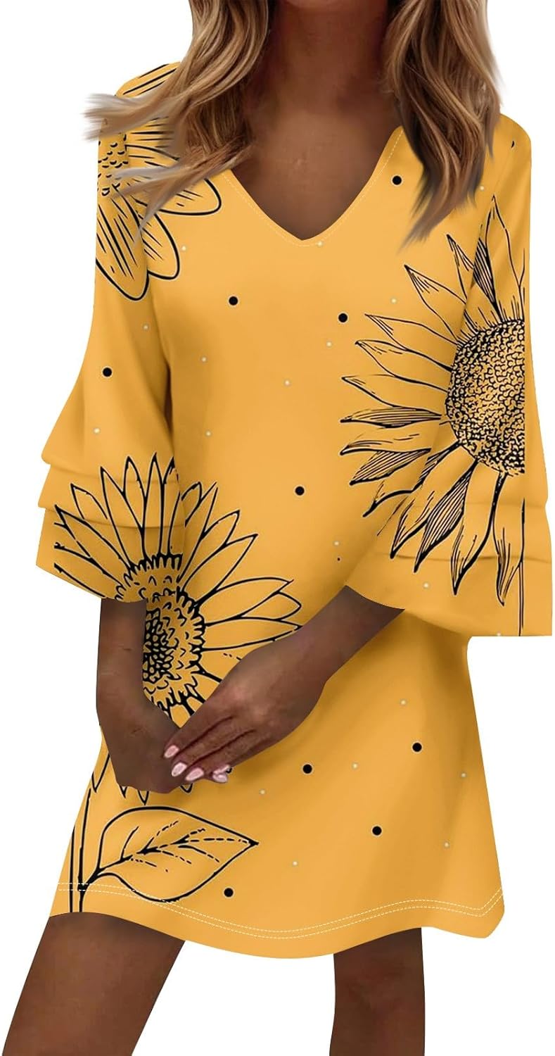 Beach Dresses for Women,2025 Summer Trendy Floral Print Boho Dress,Casual Loose V Neck Bell 3/4 Sleeve Mini Dress