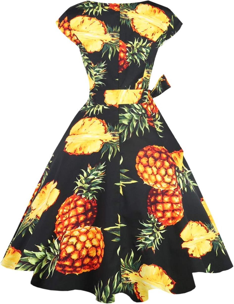 PUKAVT Women's 1950 Boatneck Cap Sleeve Vintage Swing Cocktail Party Dress with Pockets