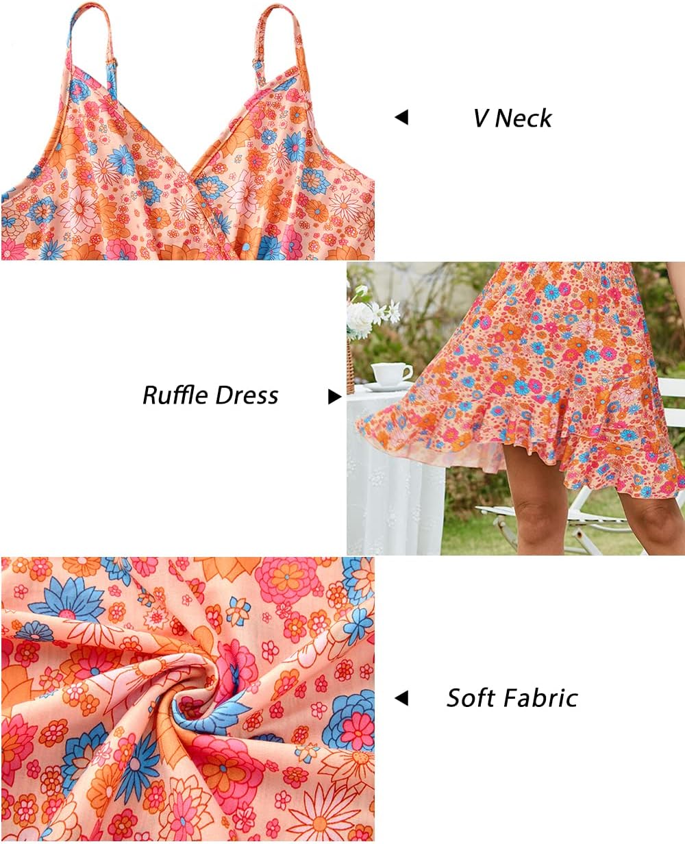 ULTRANICE Womens Summer Dresses Floral V Neck Ruffled Hem Spaghetti Spring Casual Beach Outfits Flowy Wrap Sun Dress
