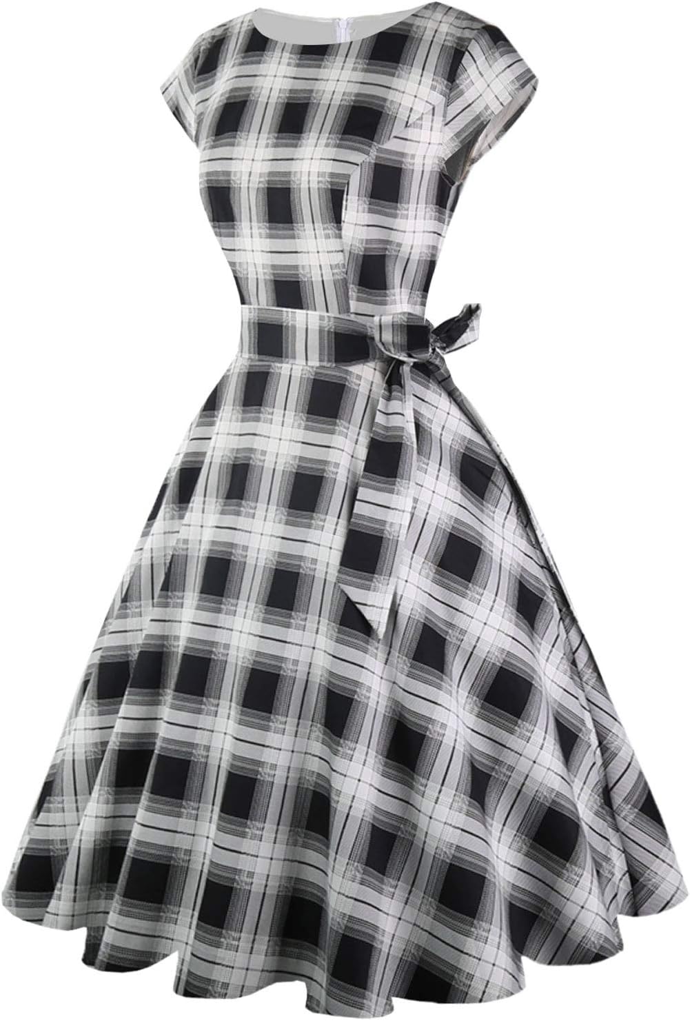 PUKAVT Women's 1950 Boatneck Cap Sleeve Vintage Swing Cocktail Party Dress with Pockets