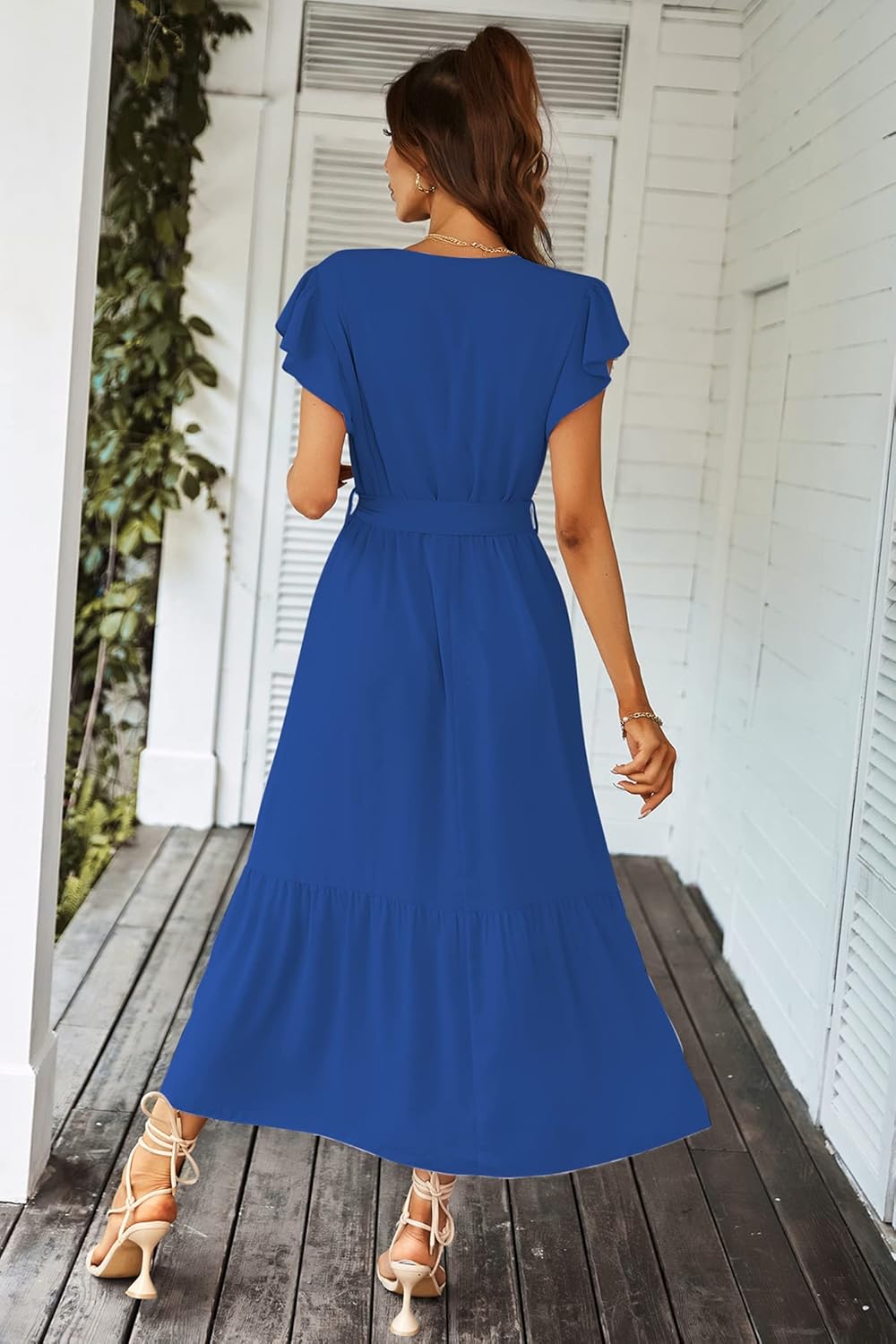 PRETTYGARDEN Women's Summer Floral Boho Dress Wrap V Neck Short Sleeve Ruffle A-Line Flowy Maxi Wedding Guest Dresses