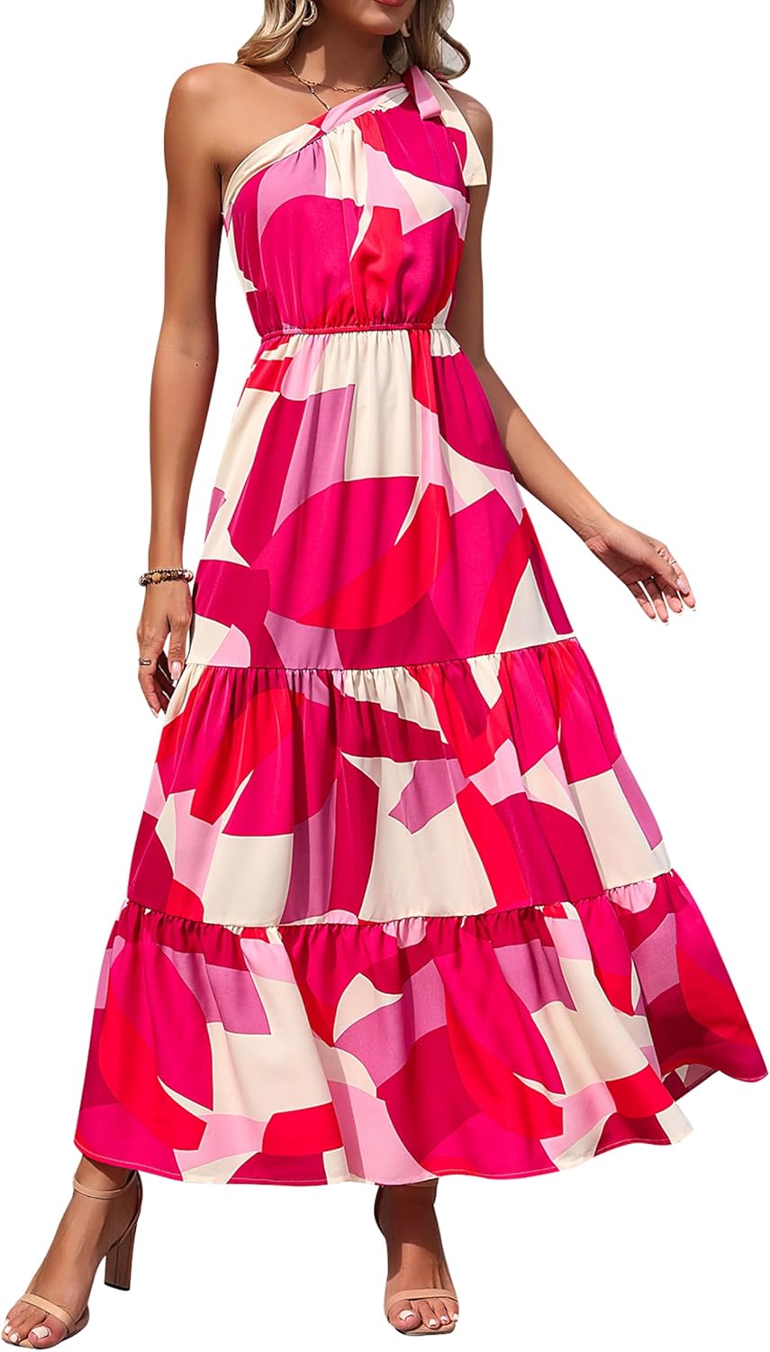 PRETTYGARDEN Women's Summer Floral Maxi Dress Knot One Shoulder Sleeveless Ruffle Flowy Boho Beach Wedding Guest Dresses