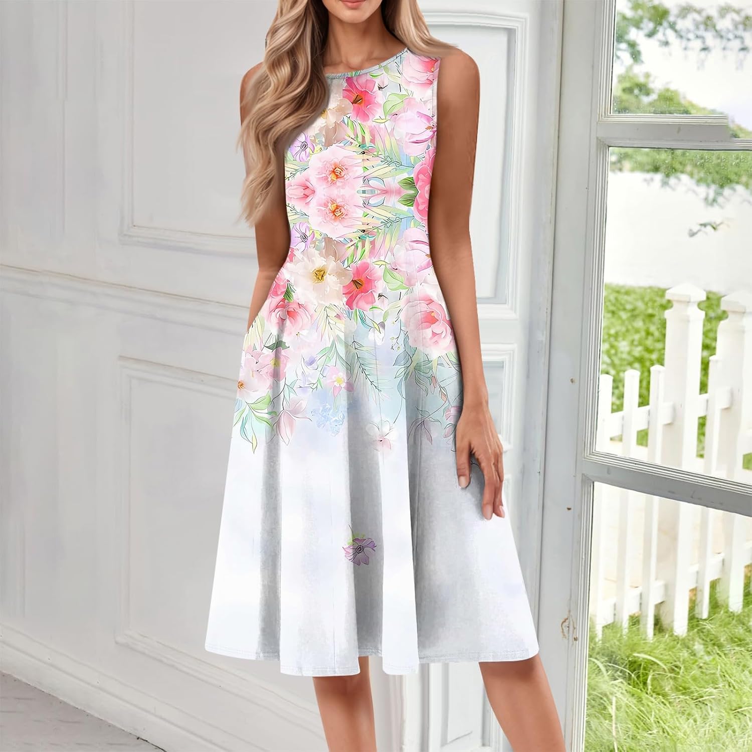Womens Tank Sundress 2025 Casual Floral Print Tshirt Dress Swing Sleeveless Midi Dress Crewneck Pleated Summer Dresses
