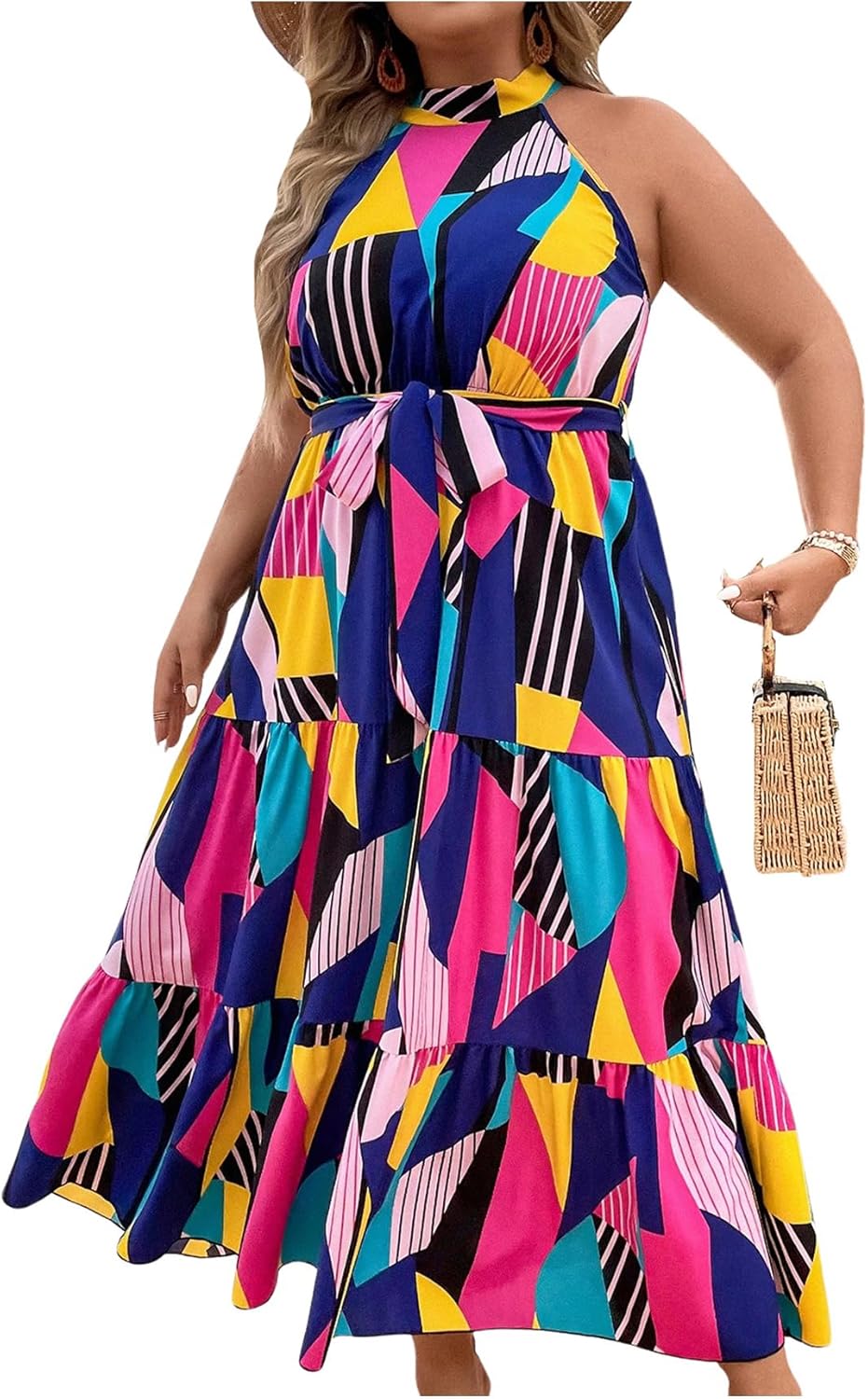 Floerns Women's Plus Size Boho Sleeveless Halter Neck Tie Back A Line Long Dress