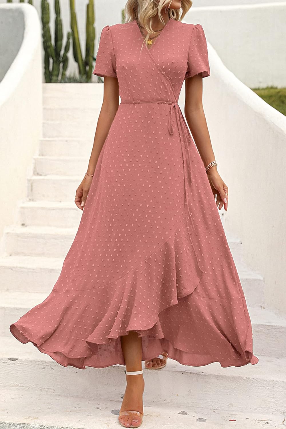 PRETTYGARDEN Women's Summer Wrap Maxi Dress Casual Short Sleeve Floral Boho V Neck Split Ruffle Beach Long Dresses