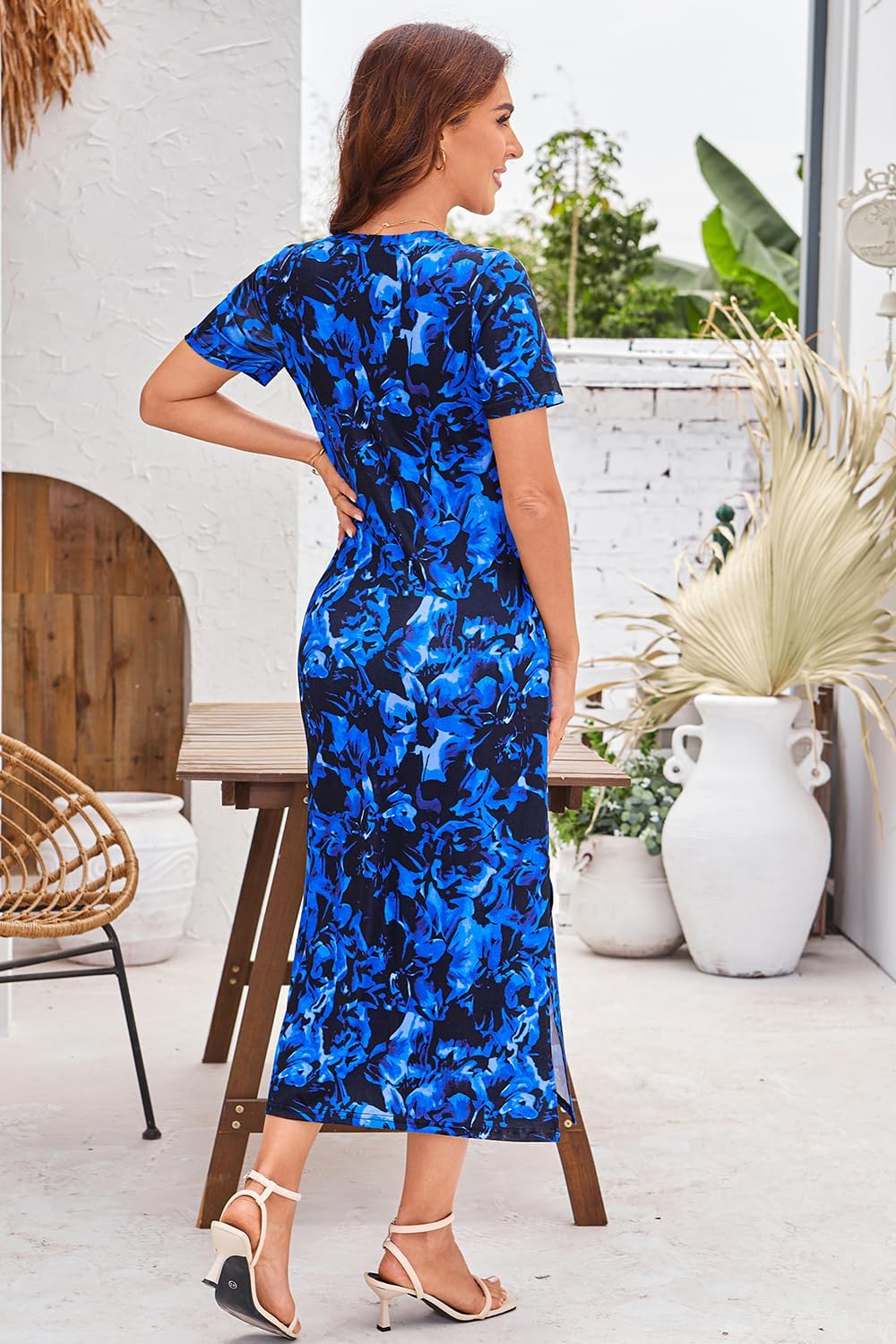 Naggoo Women's Short Sleeve Split Maxi Dress Casual Plain Tie Dye Print Tshirt Long Dresses with Pockets