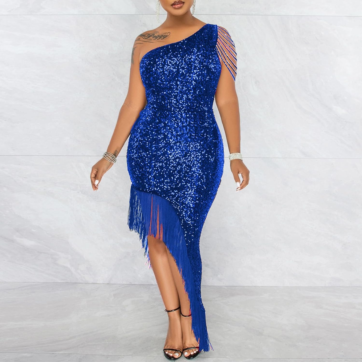 Cololura Women Sequin Elegant Sexy Tassels One Shoulder Mermaid Bodycon Cocktail Evening Midi Party Formal Dress