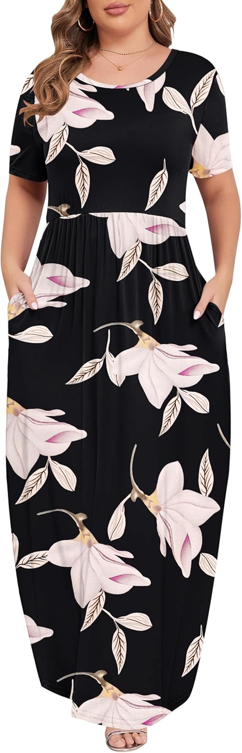 KARALIN Women’s Plus Size Maxi Dresses for Curvy Women Summer Casual Short Sleeve 2025 Long Dress 14W-26W