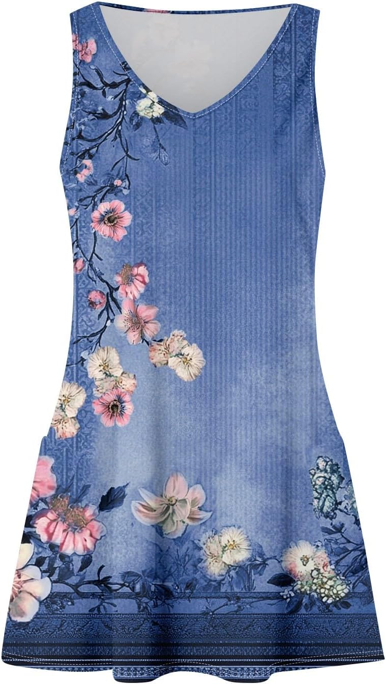 Women's Sleeveless Floral Print Summer Dress Casual V-Neck A-Line Mini Dress for Beach Party and Daily Wear