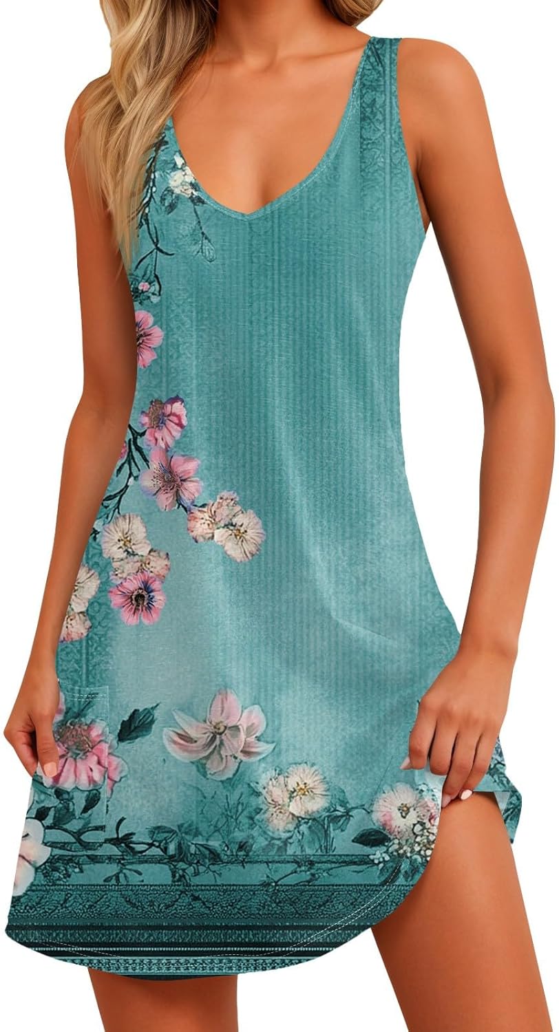 Women's Sleeveless Floral Print Summer Dress Casual V-Neck A-Line Mini Dress for Beach Party and Daily Wear