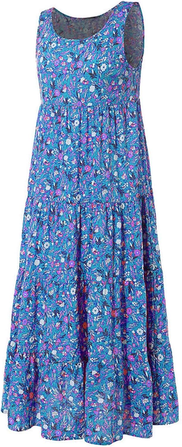 Ceboyel Women Boho Floral Maxi Dresses Flowy Tank Dress Sleeveless Smocked Sundresses Trendy Casual Beach Long Sun Dress