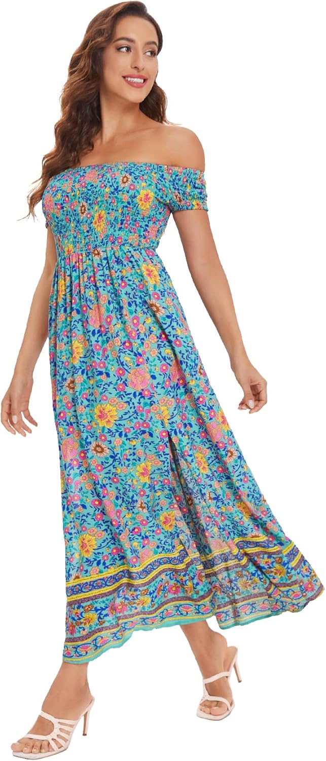Floerns Women's Boho Floral Print Off Shoulder Split Long A Line Dress
