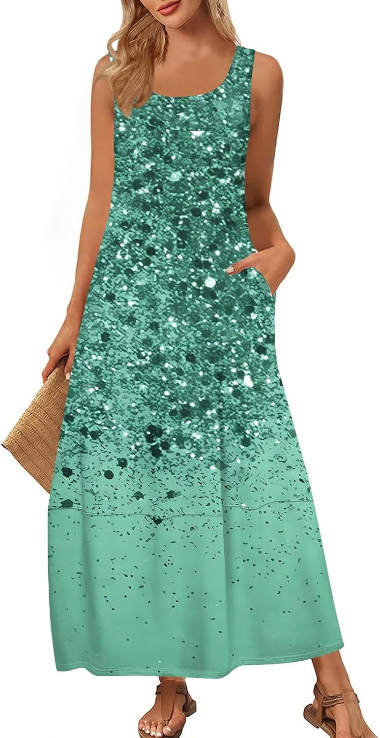 Womens Summer Tank Dress Vacation Boho Floral Long Dresses with Pockets Resort Wear Swing Beach Sleeveless Sundress