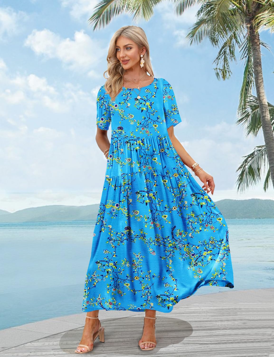 YESNO Women Casual Loose Bohemian Floral Dress with Pockets Short Sleeve Long Maxi Summer Beach Swing Dress EJF