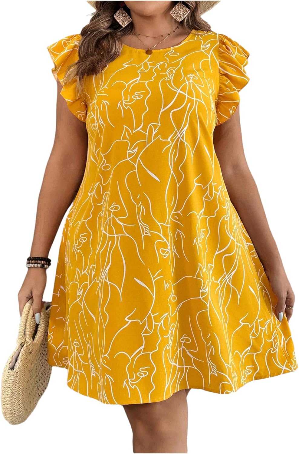 SOLY HUX Women's Plus Size Summer Dress Graphic Print Ruffle Cap Sleeve Loose Short Dresses